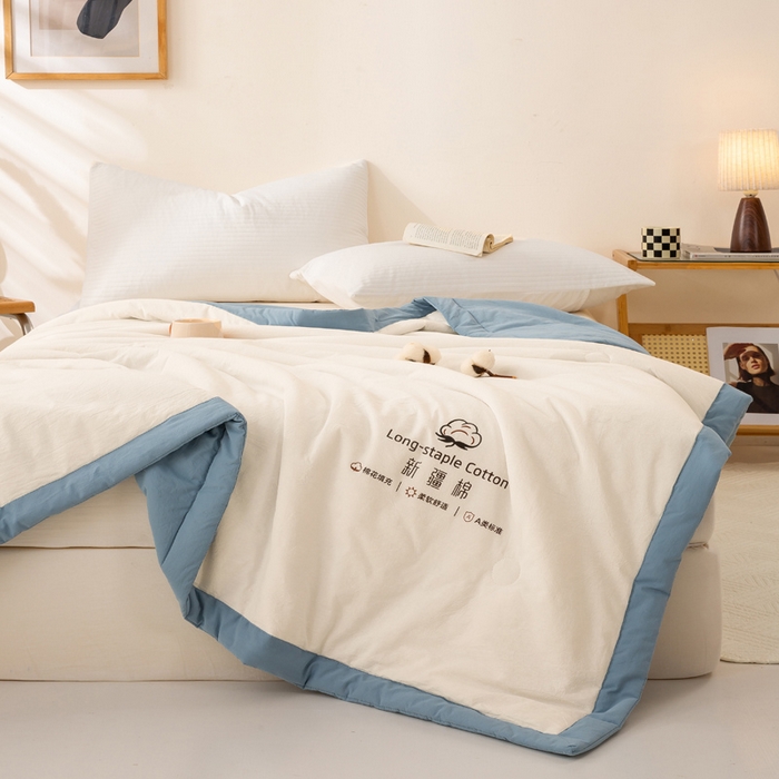 91家纺网 家纺一手货源 找家纺 梦初语 2025新款A类母婴水洗棉纯色双拼新疆棉花夏凉被可机洗直播爆单夏被 奶白