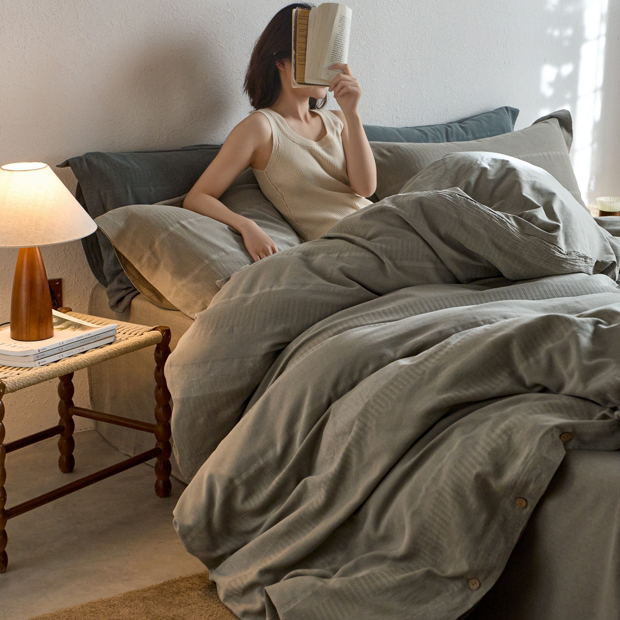 安莱生活 2025新款全棉纯棉纱洗纽扣款大提花四件套--艾伦 艾伦-浅灰