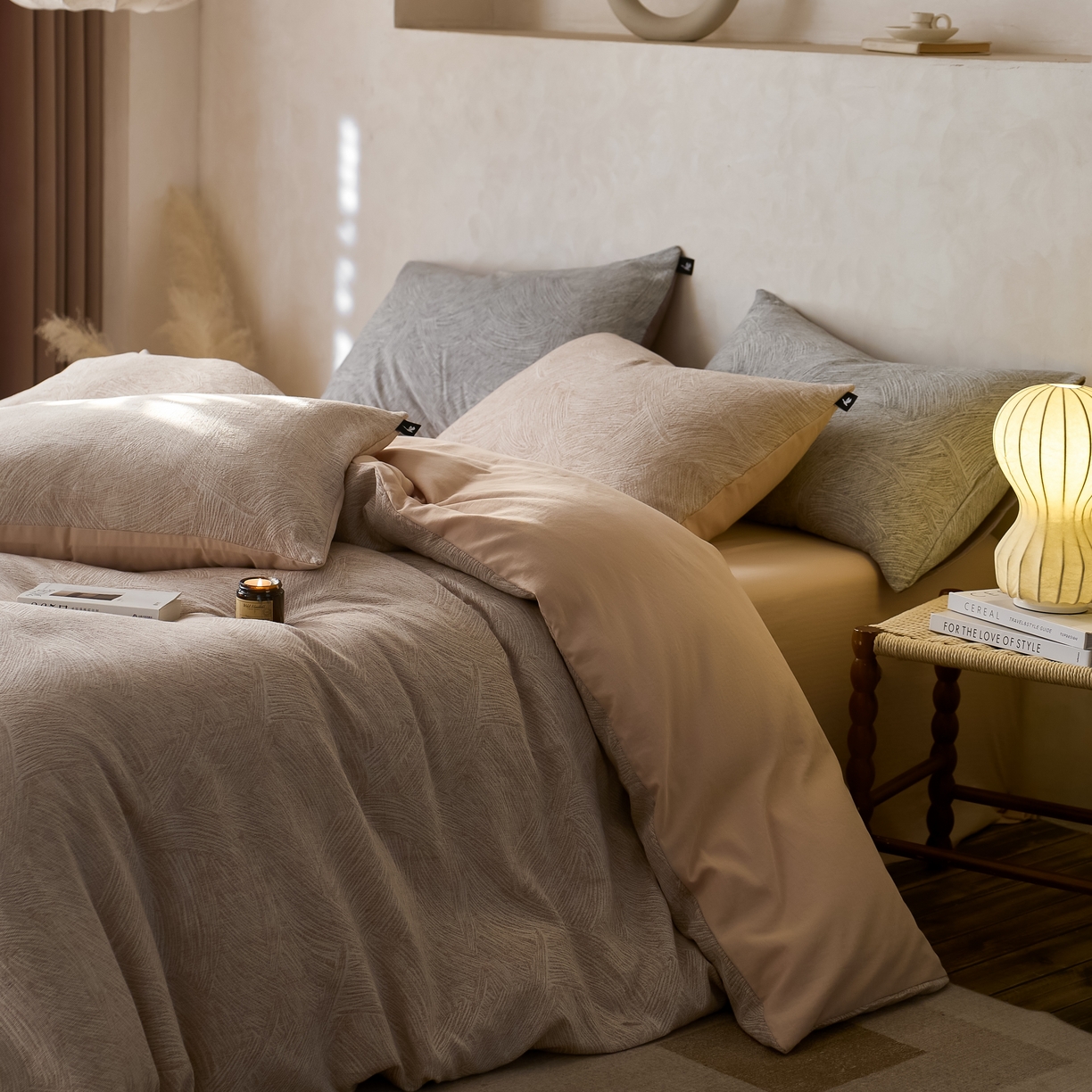 91家纺网 家纺一手货源 找家纺 安莱生活 2025新款三层纱提花四件套--伯尔纳 伯尔纳-卡其（不供抖音）