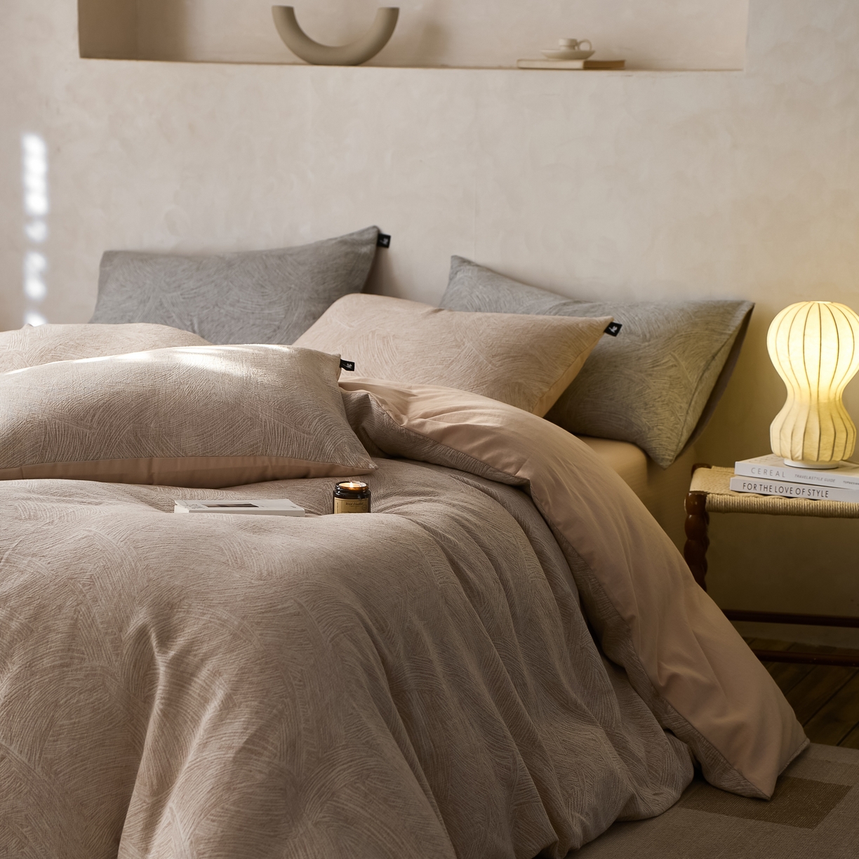 91家纺网 家纺一手货源 找家纺 安莱生活 2025新款三层纱提花四件套--伯尔纳 伯尔纳-卡其（不供抖音）