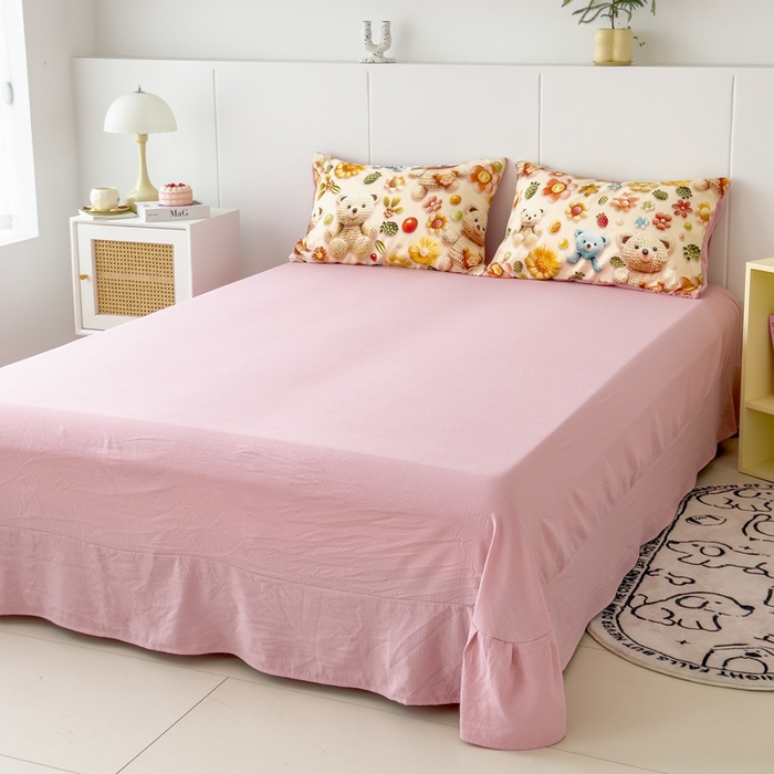 91家纺网 家纺一手货源 找家纺 绒裕家纺 2025春夏新款新品直播爆款推荐5D立体双层纱小清新四件套单被套宿舍三件套 5D蜜糖小熊-粉