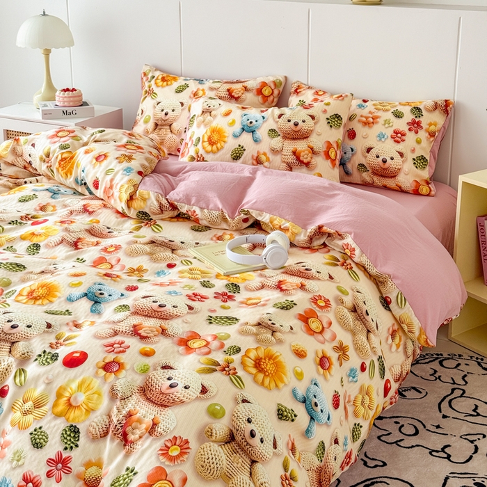 91家纺网 家纺一手货源 找家纺 绒裕家纺 2025春夏新款新品直播爆款推荐5D立体双层纱小清新四件套单被套宿舍三件套 5D蜜糖小熊-粉