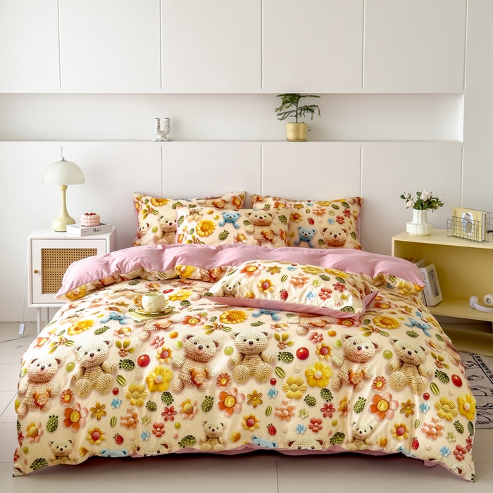 91家纺网 家纺一手货源 找家纺 绒裕家纺 2025春夏新款新品直播爆款推荐5D立体双层纱小清新四件套单被套宿舍三件套 5D蜜糖小熊-粉