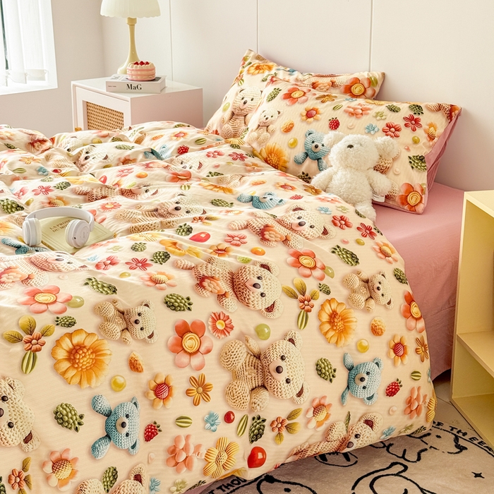 91家纺网 家纺一手货源 找家纺 绒裕家纺 2025春夏新款新品直播爆款推荐5D立体双层纱小清新四件套单被套宿舍三件套 5D蜜糖小熊-粉