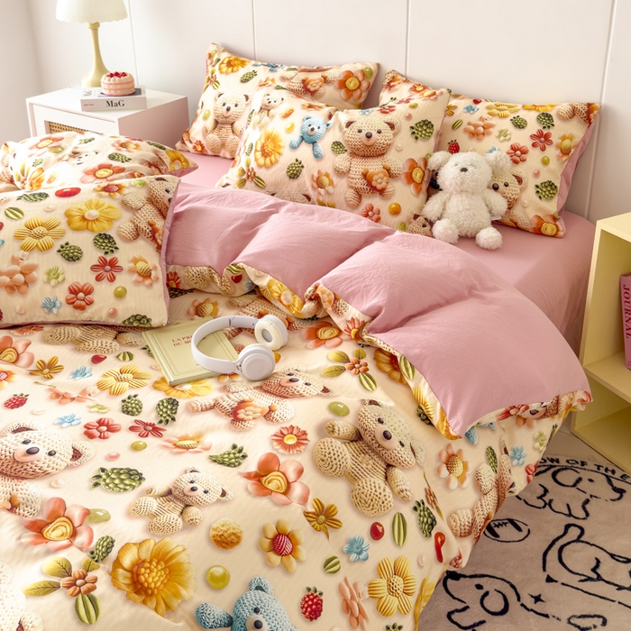 绒裕家纺 2025春夏新款新品直播爆款推荐5D立体双层纱小清新四件套单被套宿舍三件套 5D蜜糖小熊-粉