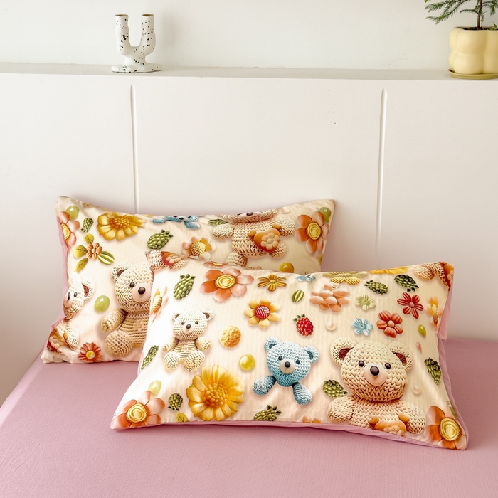 91家纺网 家纺一手货源 找家纺 绒裕家纺 2025春夏新款新品直播爆款推荐5D立体双层纱小清新四件套单被套宿舍三件套 5D蜜糖小熊-粉