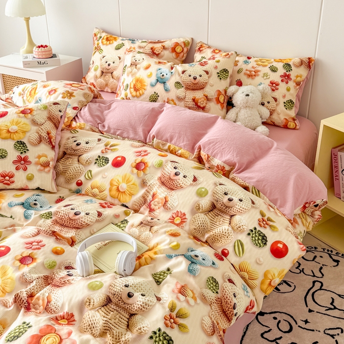 91家纺网 家纺一手货源 找家纺 绒裕家纺 2025春夏新款新品直播爆款推荐5D立体双层纱小清新四件套单被套宿舍三件套 5D蜜糖小熊-粉