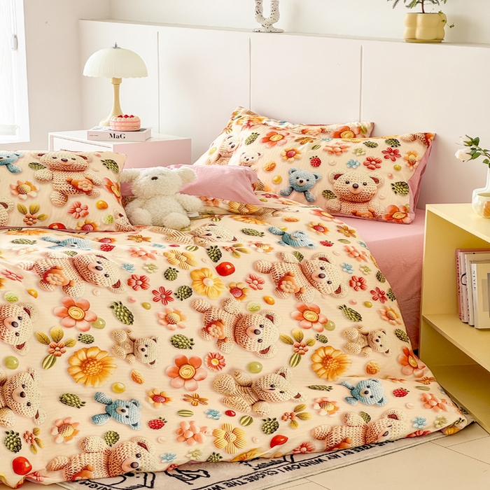 91家纺网 家纺一手货源 找家纺 绒裕家纺 2025春夏新款新品直播爆款推荐5D立体双层纱小清新四件套单被套宿舍三件套 5D蜜糖小熊-粉