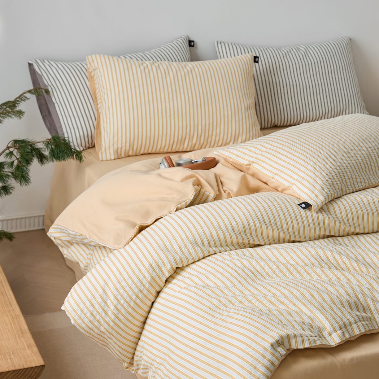 安莱生活 2025新款水洗色织华夫格提花四件套-织唛系列 织唛-驼黄条