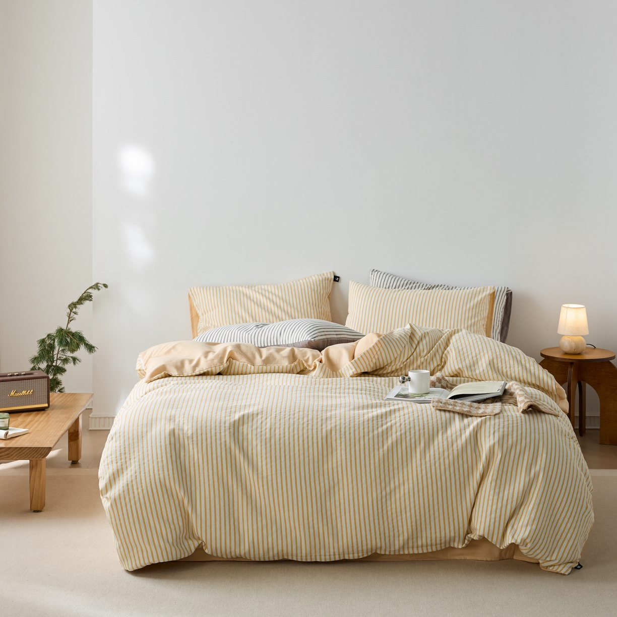 91家纺网 家纺一手货源 找家纺 安莱生活 2025新款水洗色织华夫格提花四件套-织唛系列 织唛-驼黄条