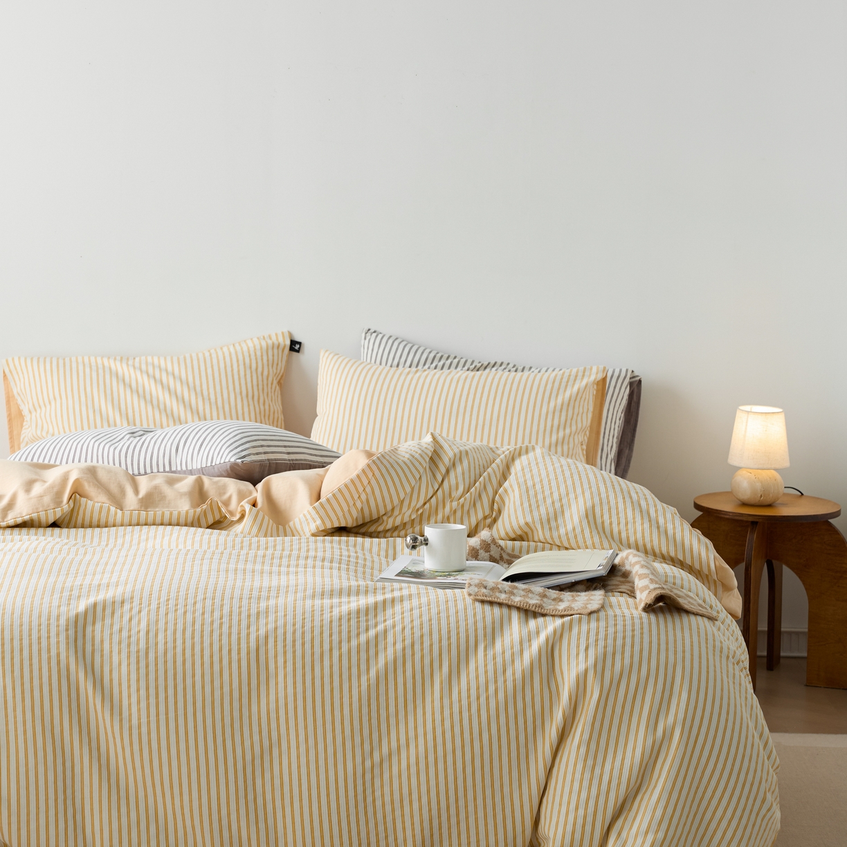 91家纺网 家纺一手货源 找家纺 安莱生活 2025新款水洗色织华夫格提花四件套-织唛系列 织唛-驼黄条