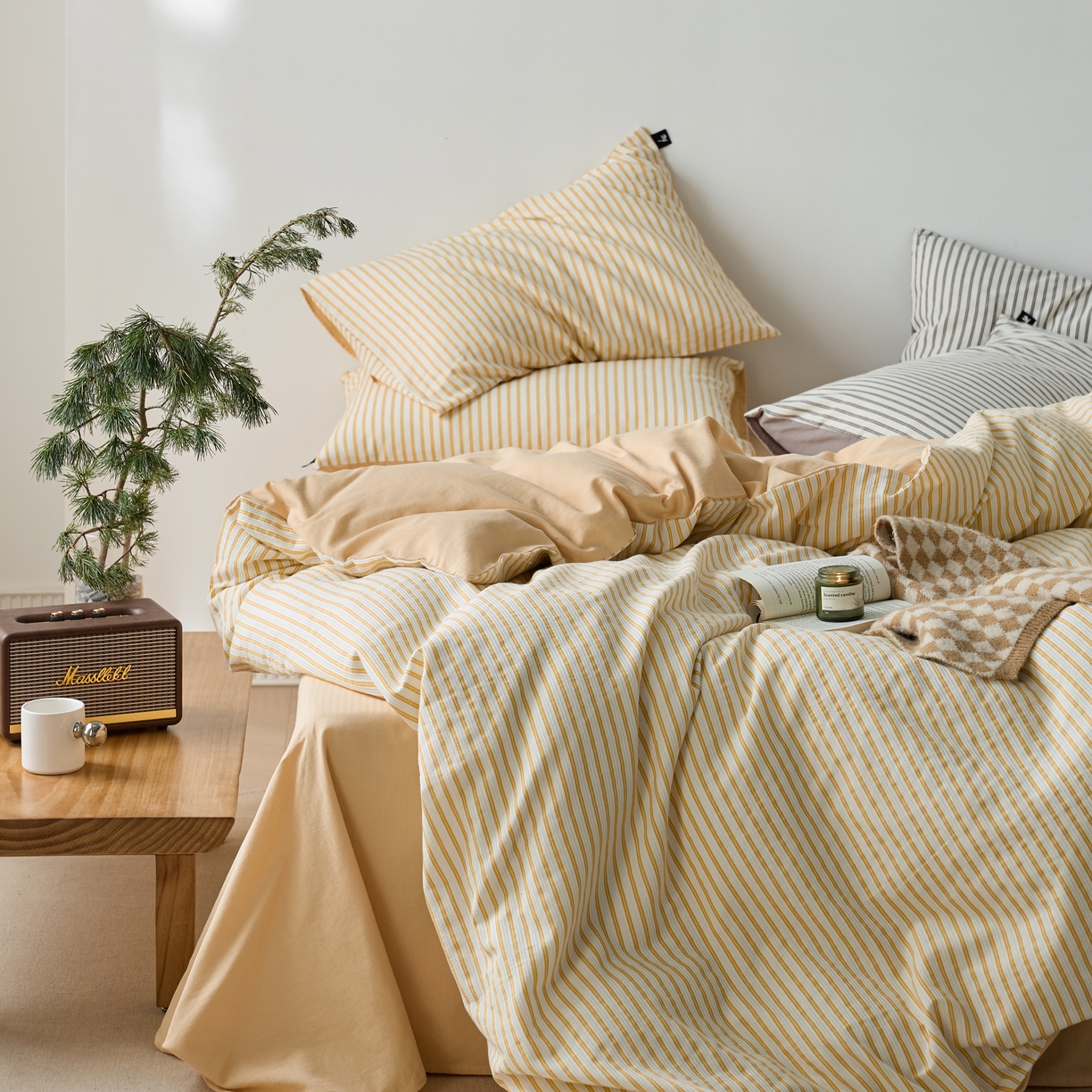 91家纺网 家纺一手货源 找家纺 安莱生活 2025新款水洗色织华夫格提花四件套-织唛系列 织唛-驼黄条