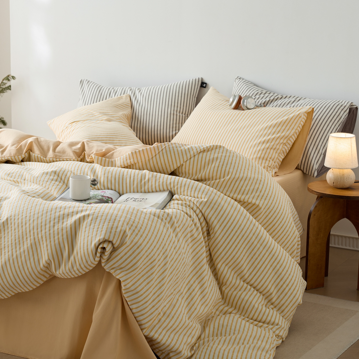 91家纺网 家纺一手货源 找家纺 安莱生活 2025新款水洗色织华夫格提花四件套-织唛系列 织唛-驼黄条