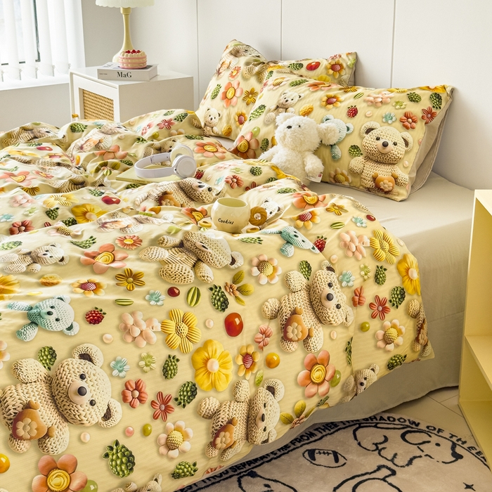 91家纺网 家纺一手货源 找家纺 绒裕家纺 2025春夏新款新品直播爆款推荐5D立体双层纱小清新四件套单被套宿舍三件套 5D蜜糖小熊-绿