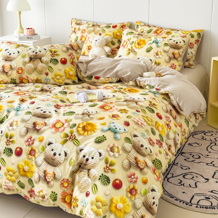 91家纺网 家纺一手货源 找家纺 绒裕家纺 2025春夏新款新品直播爆款推荐5D立体双层纱小清新四件套单被套宿舍三件套 5D蜜糖小熊-绿