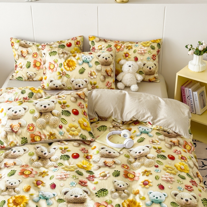 91家纺网 家纺一手货源 找家纺 绒裕家纺 2025春夏新款新品直播爆款推荐5D立体双层纱小清新四件套单被套宿舍三件套 5D蜜糖小熊-绿