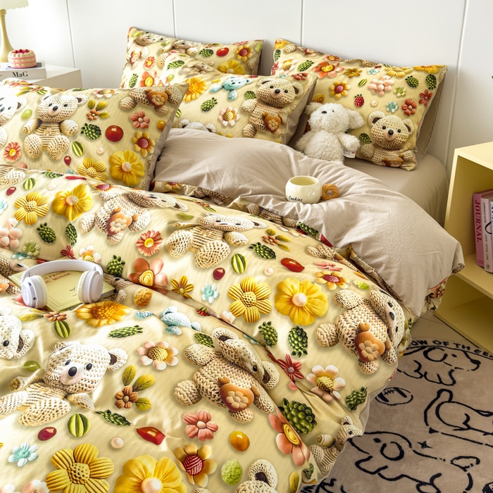 绒裕家纺 2025春夏新款新品直播爆款推荐5D立体双层纱小清新四件套单被套宿舍三件套 5D蜜糖小熊-绿