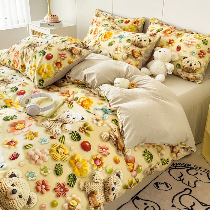 91家纺网 家纺一手货源 找家纺 绒裕家纺 2025春夏新款新品直播爆款推荐5D立体双层纱小清新四件套单被套宿舍三件套 5D蜜糖小熊-绿