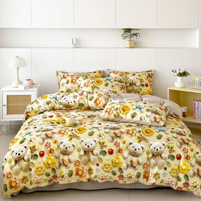 91家纺网 家纺一手货源 找家纺 绒裕家纺 2025春夏新款新品直播爆款推荐5D立体双层纱小清新四件套单被套宿舍三件套 5D蜜糖小熊-绿