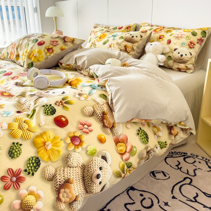 91家纺网 家纺一手货源 找家纺 绒裕家纺 2025春夏新款新品直播爆款推荐5D立体双层纱小清新四件套单被套宿舍三件套 5D蜜糖小熊-绿