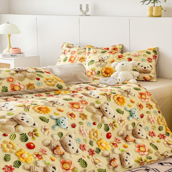 91家纺网 家纺一手货源 找家纺 绒裕家纺 2025春夏新款新品直播爆款推荐5D立体双层纱小清新四件套单被套宿舍三件套 5D蜜糖小熊-绿