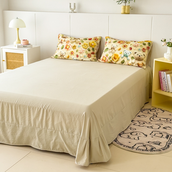 91家纺网 家纺一手货源 找家纺 绒裕家纺 2025春夏新款新品直播爆款推荐5D立体双层纱小清新四件套单被套宿舍三件套 5D蜜糖小熊-绿