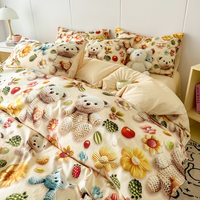 91家纺网 家纺一手货源 找家纺 绒裕家纺 2025春夏新款新品直播爆款推荐5D立体双层纱小清新四件套单被套宿舍三件套 5D蜜糖小熊-黄