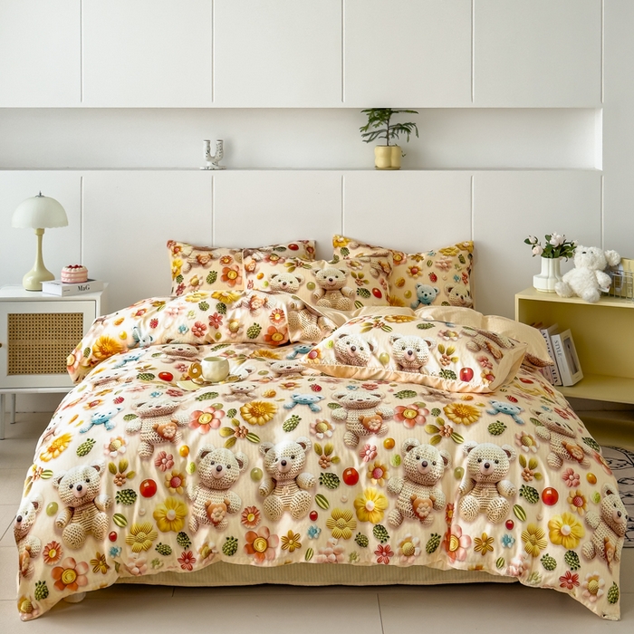 91家纺网 家纺一手货源 找家纺 绒裕家纺 2025春夏新款新品直播爆款推荐5D立体双层纱小清新四件套单被套宿舍三件套 5D蜜糖小熊-黄