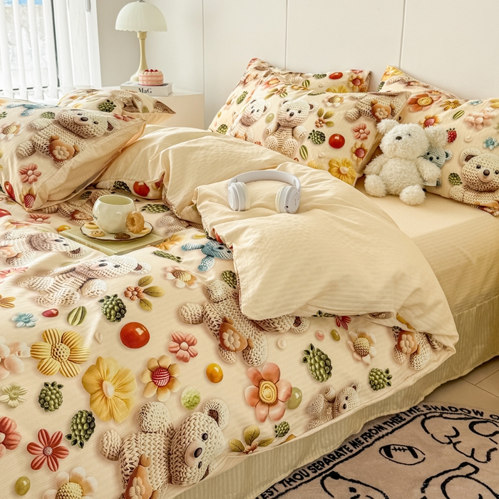 91家纺网 家纺一手货源 找家纺 绒裕家纺 2025春夏新款新品直播爆款推荐5D立体双层纱小清新四件套单被套宿舍三件套 5D蜜糖小熊-黄