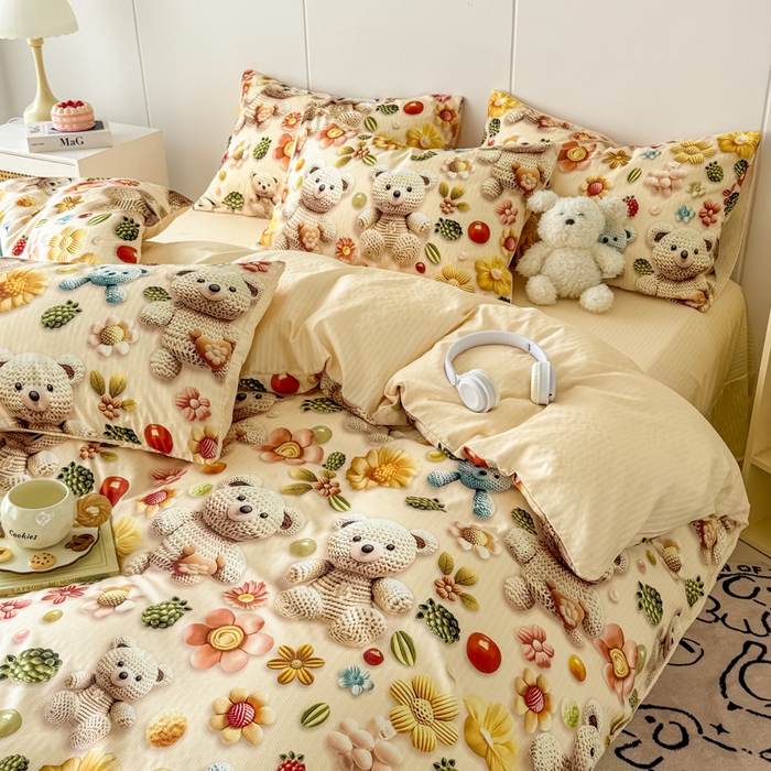 91家纺网 家纺一手货源 找家纺 绒裕家纺 2025春夏新款新品直播爆款推荐5D立体双层纱小清新四件套单被套宿舍三件套 5D蜜糖小熊-黄