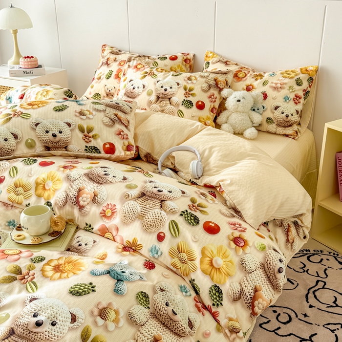 绒裕家纺 2025春夏新款新品直播爆款推荐5D立体双层纱小清新四件套单被套宿舍三件套 5D蜜糖小熊-黄