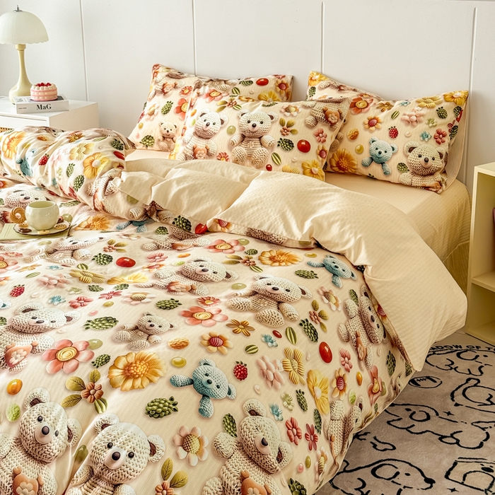 91家纺网 家纺一手货源 找家纺 绒裕家纺 2025春夏新款新品直播爆款推荐5D立体双层纱小清新四件套单被套宿舍三件套 5D蜜糖小熊-黄