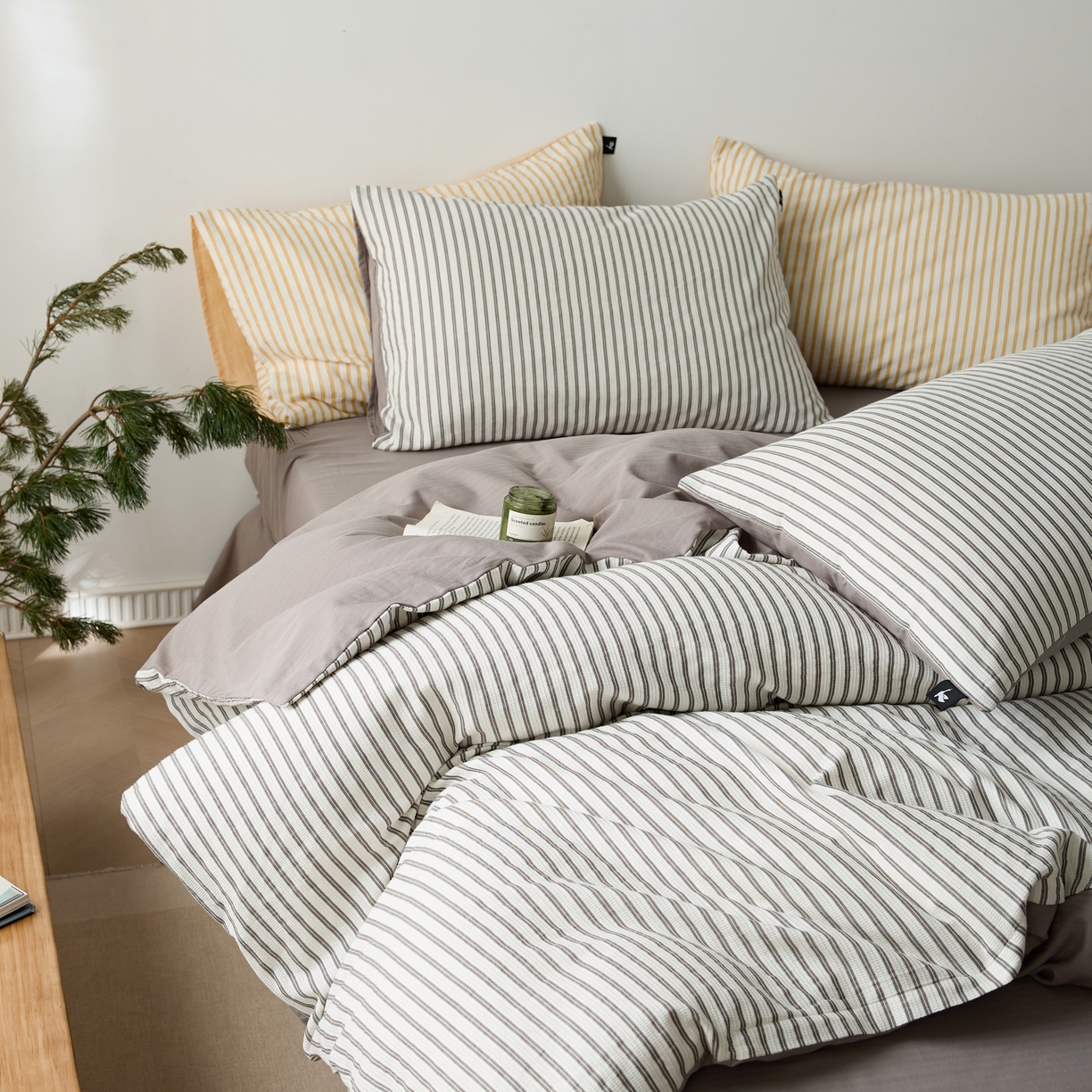 安莱生活 2025新款水洗色织华夫格提花四件套-织唛系列 织唛-银灰条