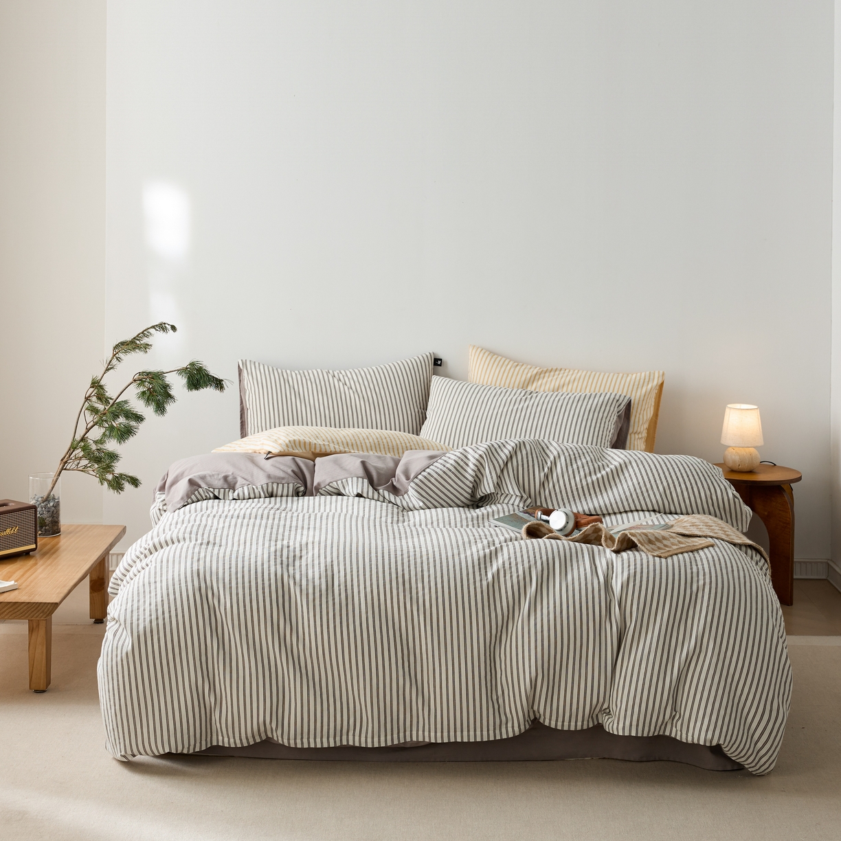 91家纺网 家纺一手货源 找家纺 安莱生活 2025新款水洗色织华夫格提花四件套-织唛系列 织唛-银灰条