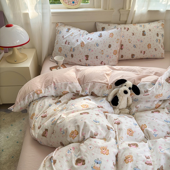 91家纺网 家纺一手货源 找家纺 沐芷 2025 A类软萌水洗棉卡通印花四件套床上用品三件套被套床单 萌狗花花