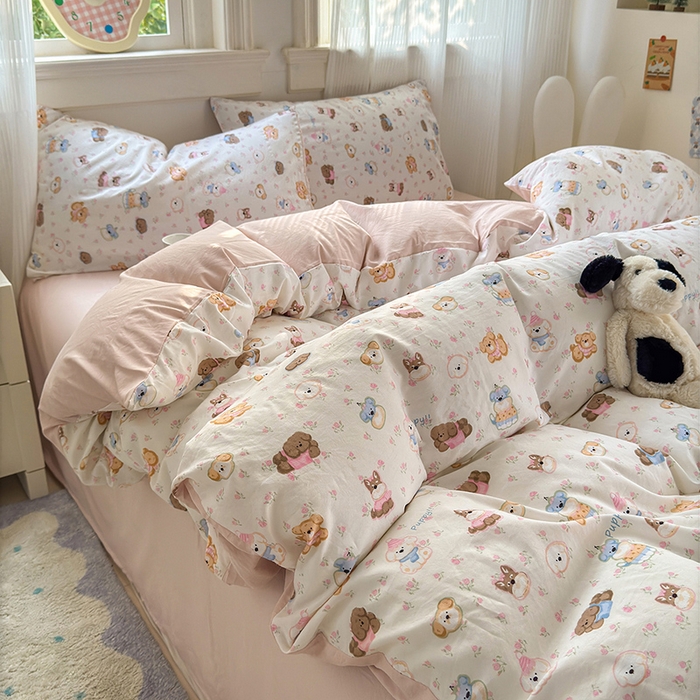 91家纺网 家纺一手货源 找家纺 沐芷 2025 A类软萌水洗棉卡通印花四件套床上用品三件套被套床单 萌狗花花