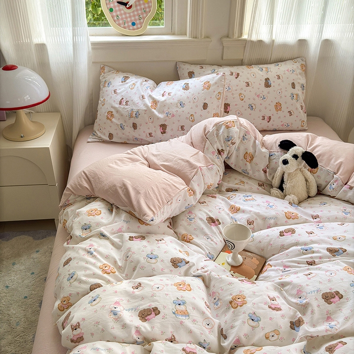 91家纺网 家纺一手货源 找家纺 沐芷 2025 A类软萌水洗棉卡通印花四件套床上用品三件套被套床单 萌狗花花