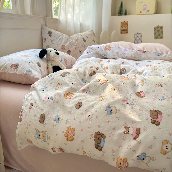 91家纺网 家纺一手货源 找家纺 沐芷 2025 A类软萌水洗棉卡通印花四件套床上用品三件套被套床单 萌狗花花