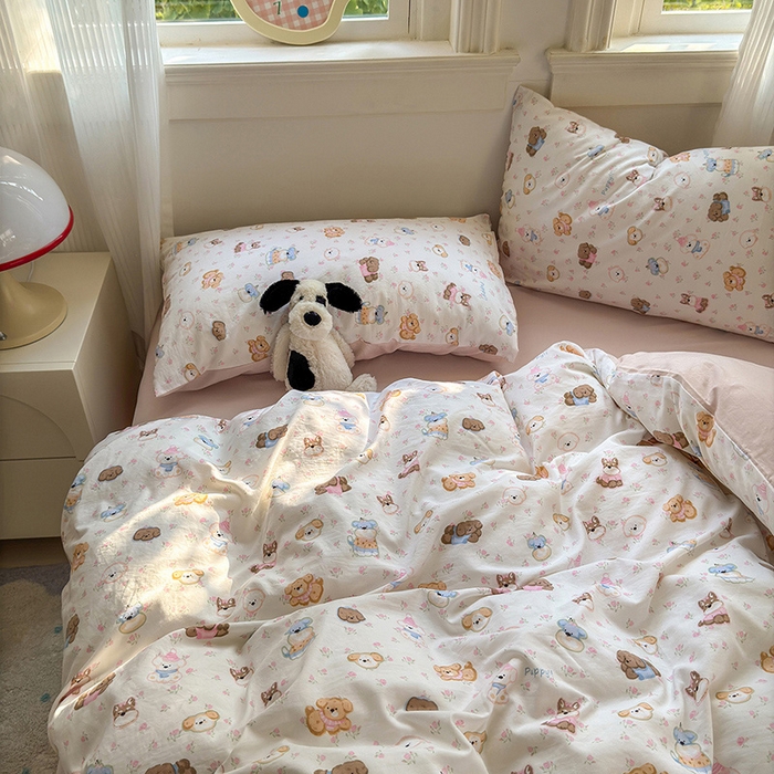 91家纺网 家纺一手货源 找家纺 沐芷 2025 A类软萌水洗棉卡通印花四件套床上用品三件套被套床单 萌狗花花