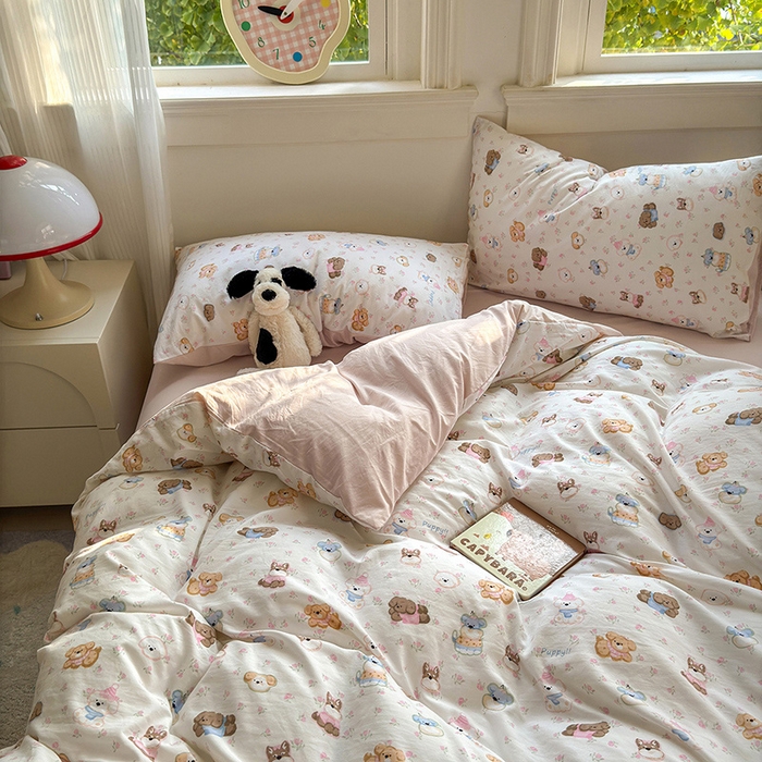 91家纺网 家纺一手货源 找家纺 沐芷 2025 A类软萌水洗棉卡通印花四件套床上用品三件套被套床单 萌狗花花
