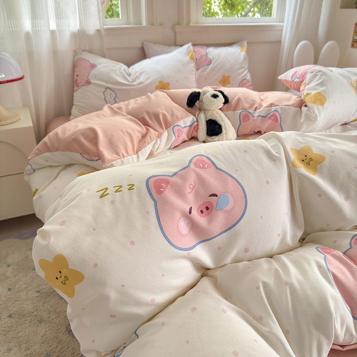 91家纺网 家纺一手货源 找家纺 沐芷 2025 软萌卡通超柔水洗棉单被套A类 被套单件被罩 困困小猪