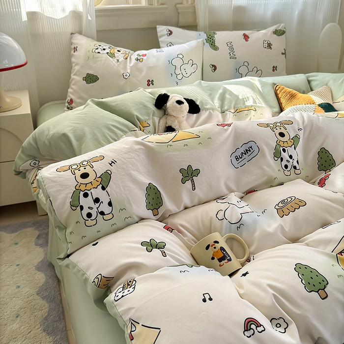沐芷 2025 A类软萌水洗棉卡通印花四件套床上用品三件套被套床单 动物农场