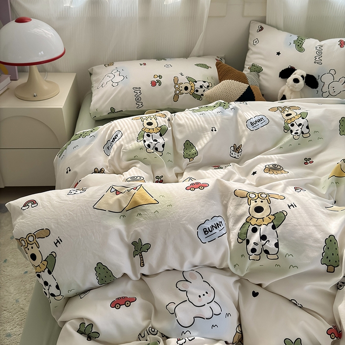 91家纺网 家纺一手货源 找家纺 沐芷 2025 A类软萌水洗棉卡通印花四件套床上用品三件套被套床单 动物农场