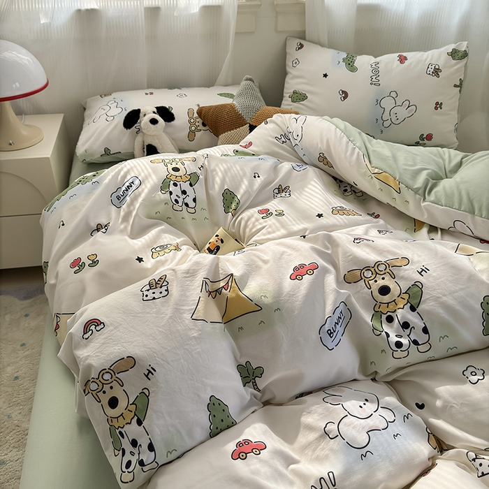 91家纺网 家纺一手货源 找家纺 沐芷 2025 A类软萌水洗棉卡通印花四件套床上用品三件套被套床单 动物农场