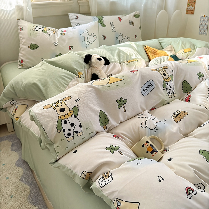 91家纺网 家纺一手货源 找家纺 沐芷 2025 A类软萌水洗棉卡通印花四件套床上用品三件套被套床单 动物农场