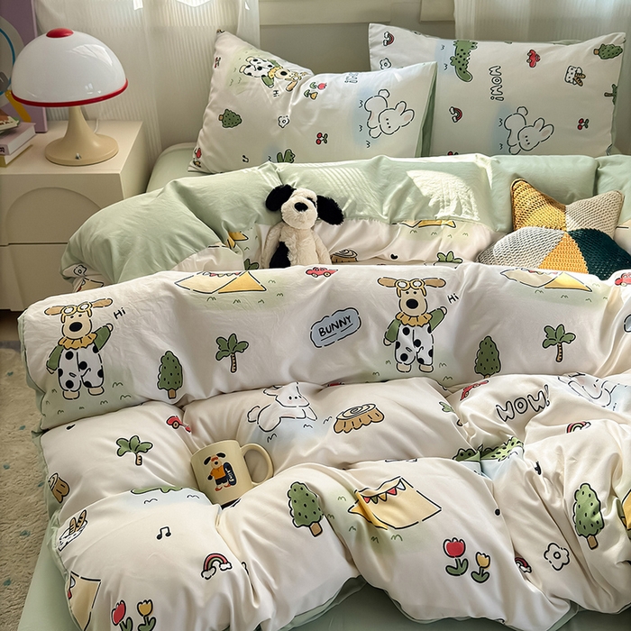 91家纺网 家纺一手货源 找家纺 沐芷 2025 A类软萌水洗棉卡通印花四件套床上用品三件套被套床单 动物农场