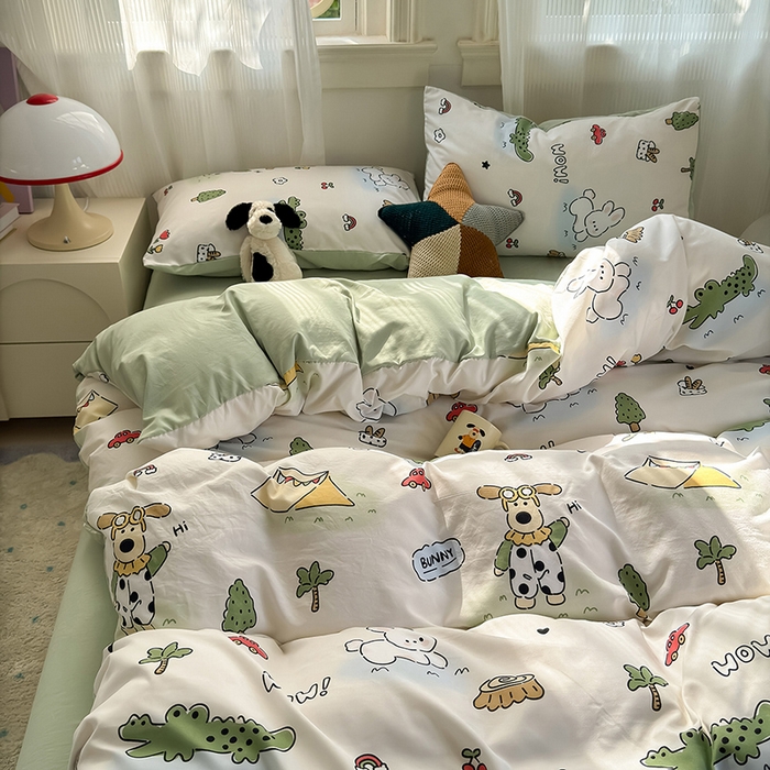 91家纺网 家纺一手货源 找家纺 沐芷 2025 A类软萌水洗棉卡通印花四件套床上用品三件套被套床单 动物农场