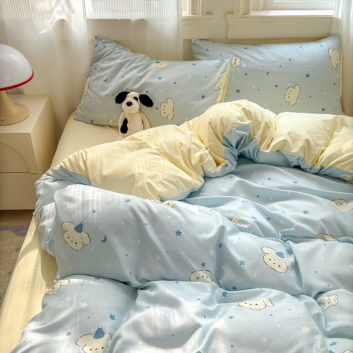 沐芷 2025 A类软萌水洗棉卡通印花四件套床上用品三件套被套床单 星空狗