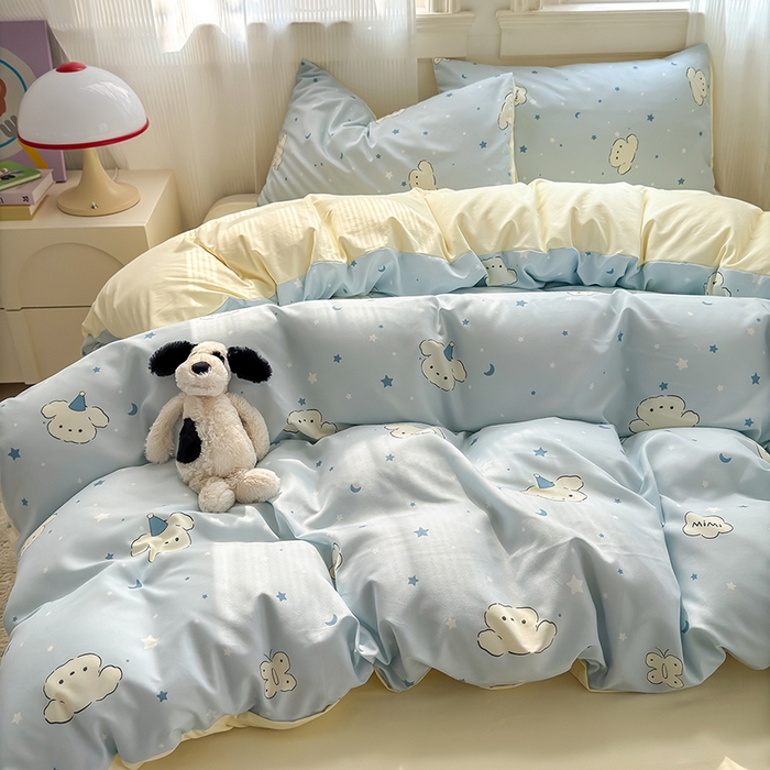 91家纺网 家纺一手货源 找家纺 沐芷 2025 A类软萌水洗棉卡通印花四件套床上用品三件套被套床单 星空狗