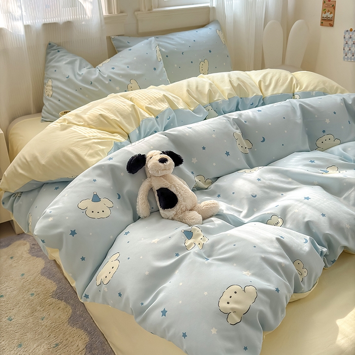 91家纺网 家纺一手货源 找家纺 沐芷 2025 A类软萌水洗棉卡通印花四件套床上用品三件套被套床单 星空狗